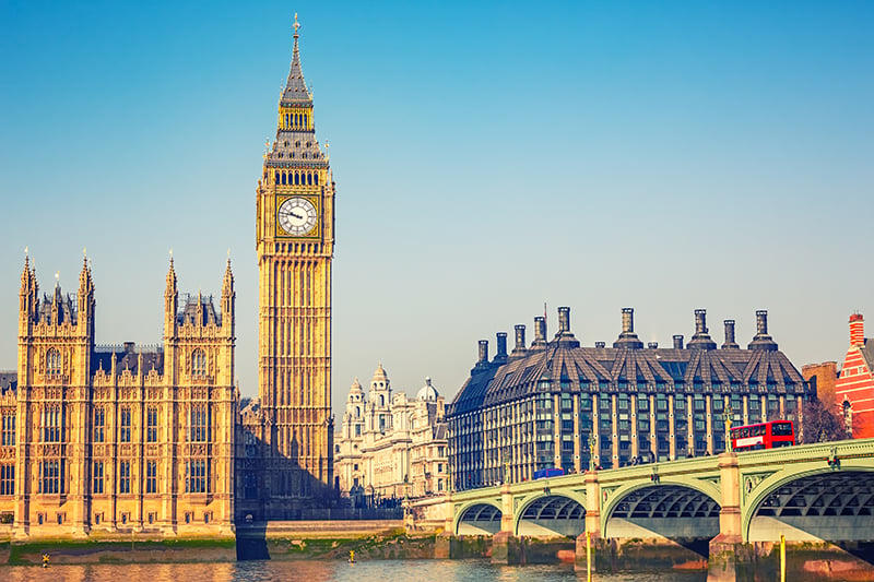 The Elizabeth Tower, known as Big Ben, beside the Palace of Westminster and Westminster Bridge.