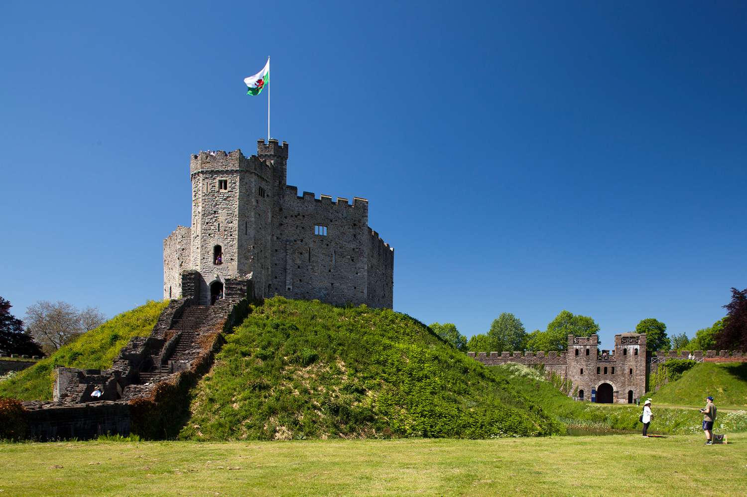 Cardiff Castle’s Norman keep on a green motte, flying the flag of Wales.