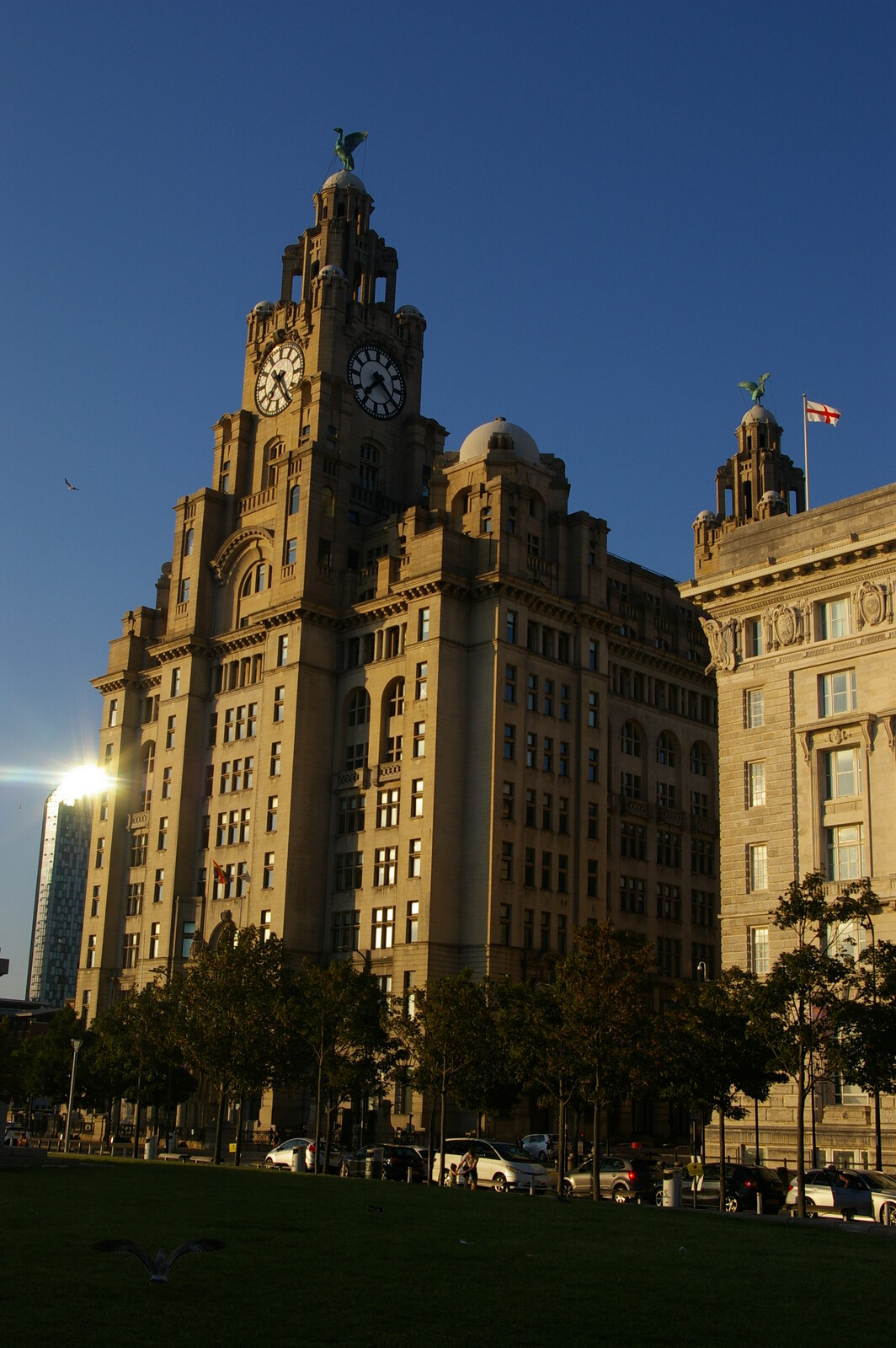 The Royal Liver Building and the Pier Head waterfront in Liverpool.